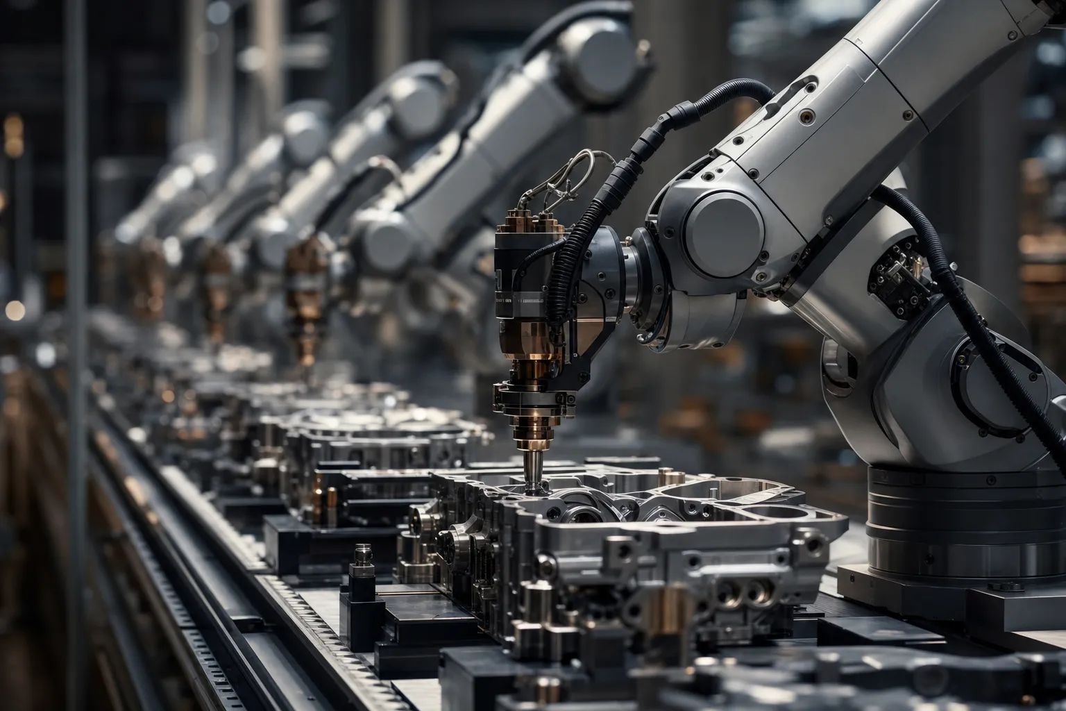 Robotic arms and machined components on an automotive assembly line