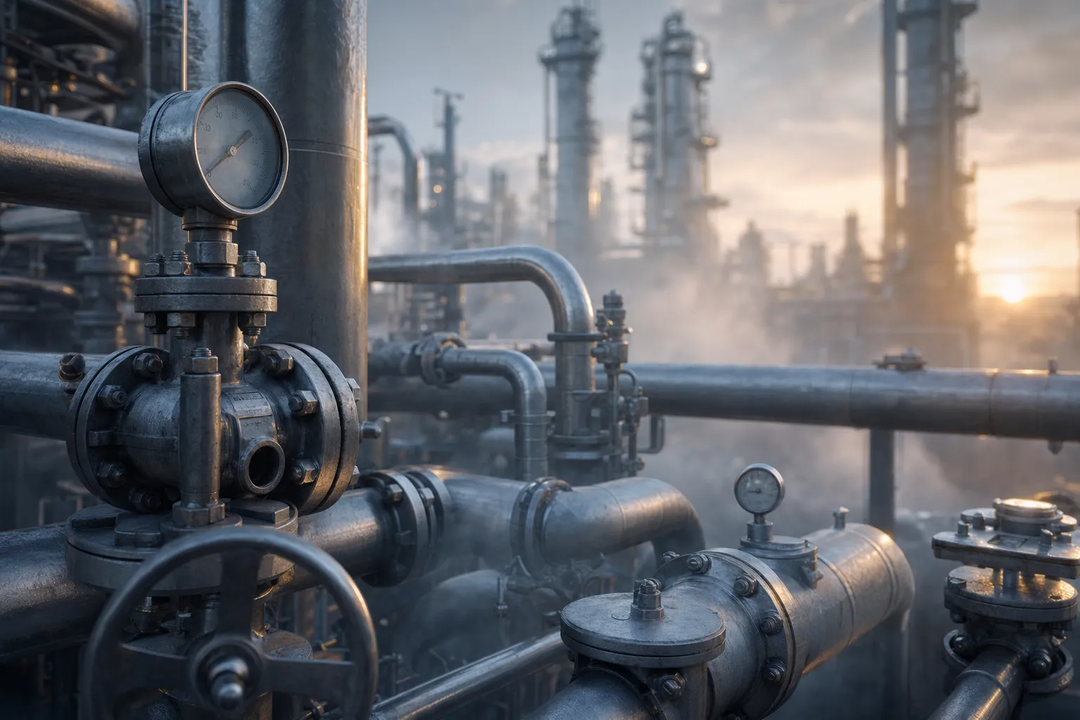 Steel pipework, valves and pressure gauges at a petrochemical facility at dawn