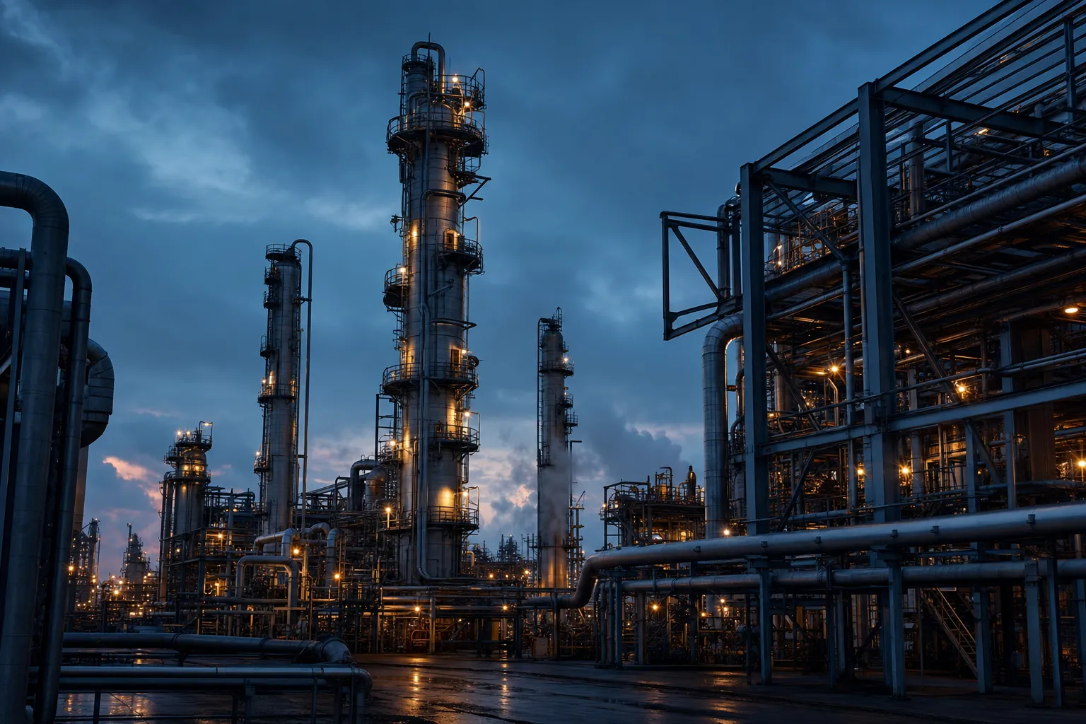 Distillation columns and pipework at a petrochemical plant at blue hour
